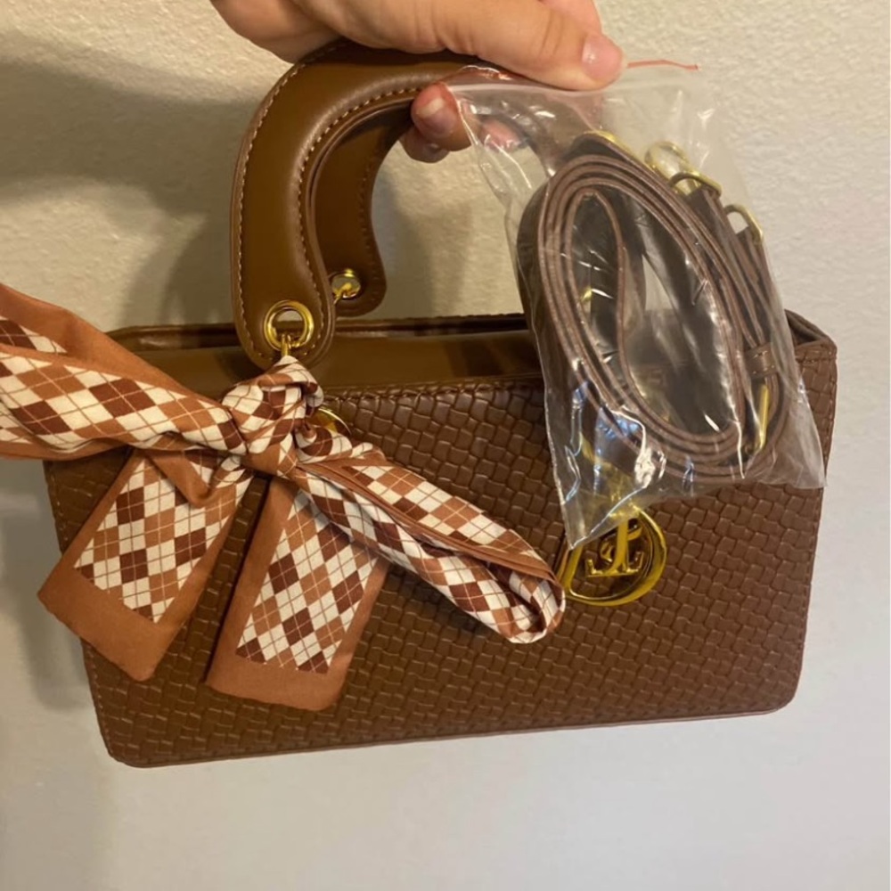 Elegant Brown Woven Handbag with Scarf Accent